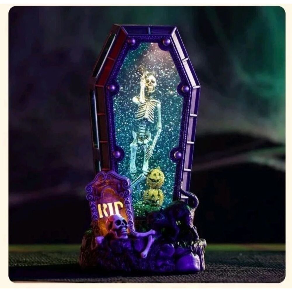 Cracker Barrel Skeleton In Casket LED Glitter Globe, Halloween Decor, New NIB